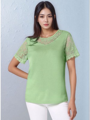 Mamayaga Kadın Bisiklet Yaka Yarım Dantel Kol ve Yaka Detay Viskon Büyük Beden Curve Bluz