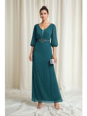 Mamayaga Kadın Pencere Tül V Yaka Belden Oturmalı Taşlı Nakışlı Şık Abiye Curve Büyük Beden Gece Elbise