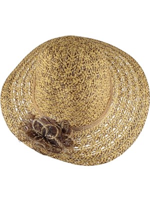 Bipamuk Kadın Hasır Fötr Şapka Çiçek Detaylı Geniş Kenarlı Yazlık Plaj Şapkası Terra Model