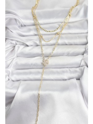 Fantastik Store Pirinç Gold Renk Zirkon Taşlı Çiçek Model Detaylı 3'lü Kombin Y Kadın Kolye - Lisinya