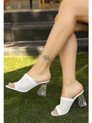 Aesco Akva Beyaz Triko Şeffaf Topuklu Terlik
