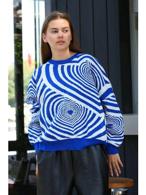 Aesco Beyaz Kalp Çizgili Kazak Saks Mavisi