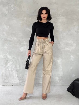 Aesco Kendinden Ince Kemerli Deri Pantolon Bej