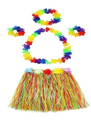Aesco Yetişkin ve Çuk Uyumlu Luau Ha Hawaii  Kolye Renkli Etek Taç ve Bileklik Seti