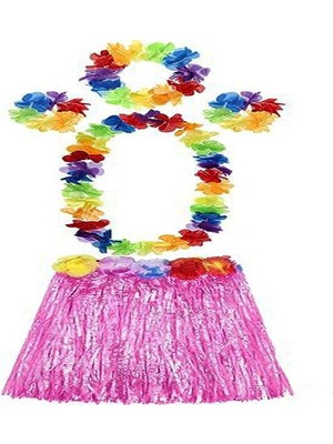 Aesco Yetişkin ve Çuk Uyumlu Luau Ha Hawaii Pembe Etek ve Renkli Kolye Taç 2 Adet Bileklik Seti