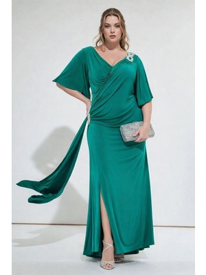 Mamayaga Kadın Pencere V Yaka Belden Oturmalı Taşlı Şık Abiye Curve Büyük Beden Gece Elbise