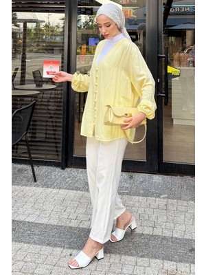 Tesettür Diyarı Lena Tereyağ Sarısı Keten Kimono- Standart Beden (38-42 Uyumlu)