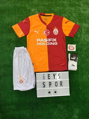 4'lü Set Galatâsarây 2025/2026 Yeni Sezon Sarı Kırmızı Renk Arkası Boş Çocuk Forma Şort Çorap Bileklik