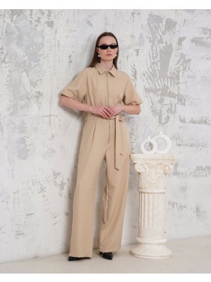 Aesco Kuşaklı Gömlek Yaka Salaş Tulum Bej S255822