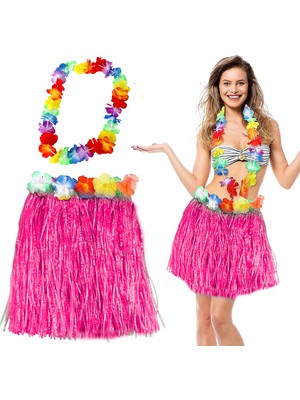 Aesco Hawaii Luau Ha Pembe Püsküllü 40 cm Etek ve Hawaii Kolye Seti