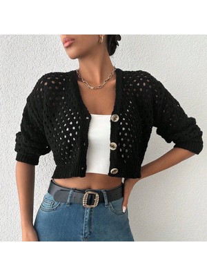 Aesco Büyük Düğmeli Delikli Hırka Siyah