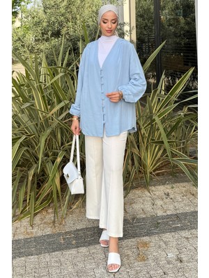 Tesettür Diyarı Lena Bebe Mavisi Keten Kimono- Standart Beden (38-42 Uyumlu)