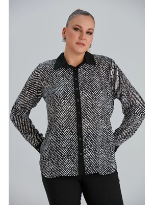 Rmg Kol Detaylı Desenli Büyük Beden Siyah Gömlek