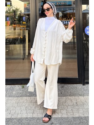 Tesettür Diyarı Lena Beyaz Keten Kimono- Standart Beden (38-42 Uyumlu)