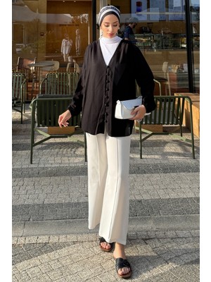 Tesettür Diyarı Lena Siyah Keten Kimono- Standart Beden (38-42 Uyumlu)