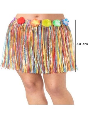 Aesco Yetişkin ve Çuk Uyumlu Rengarenk Püsküllü Hawaii Luau Hula Etek 40 cm