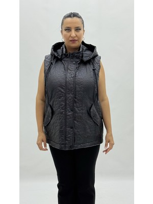 AlanyaXXL Büyük Beden Fermuarlı Kapüşonlu Cepli Kadın Uzun Yelek