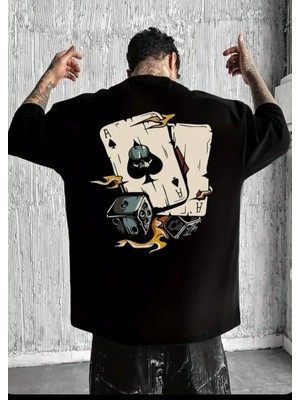 Punix Punıx Büyük Beden Tasarım Şans Sırt Baskılı %100 Pamuk Yazlık Erkek Battal T-Shırt