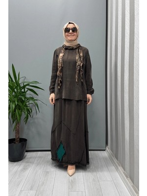 Misswhence Patchwork Detaylı Bluz Etek Takım Kahverengi 37003