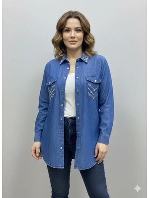 BezeXL Yaka Cep Detaylı Tensel Kot Gömlek Mavi
