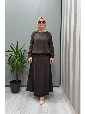 Misswhence Nervürlü Ipek Keten Takım Kahverengi 37009