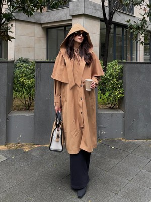 Laluvia Camel Çıkarılabilir Kapüşon Detaylı Pelerinli Trençkot - 85179