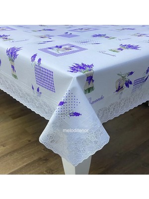 Sercan Dantel Güpür Kenarlı Kaymaz Astarlı Silinebilir Lavanta Dikdörtgen Pvc Muşamba Masa Örtüsü