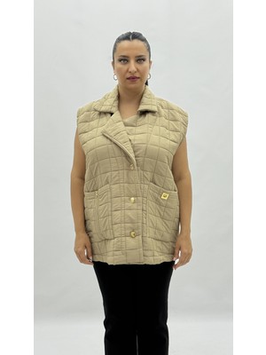 AlanyaXXL Büyük Beden Kapitone Düğmeli Cepli Fermuar Detaylı Viskon Oversize Kadın Yelek