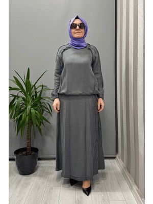 Misswhence Nervürlü Ipek Keten Takım Gri 37009