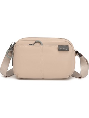 Smart Bags Bej Hafif Kumaş Çok Cepli Küçük Boy Günlük Kadın Çapraz Çanta