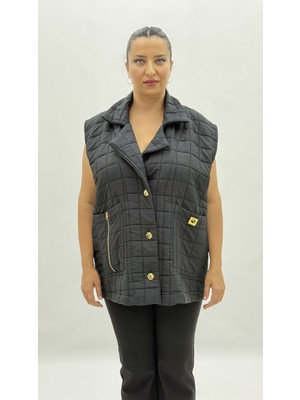 AlanyaXXL Büyük Beden Kapitone Düğmeli Cepli Fermuar Detaylı Viskon Oversize Kadın Yelek