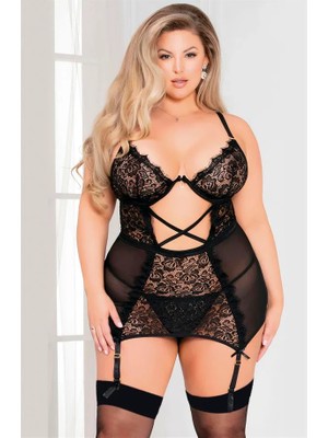 Aesco Arias Closet Özel Tasarım Büyük Beden Siyah Dantel Işlemeli Fantezi Jartiyer Takımı