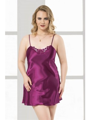 Aesco Arias Closet Büyük Beden Mor Kısa Saten Gecelik