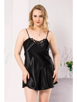 Aesco Arias Closet Büyük Beden Siyah Kısa Saten Gecelik