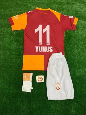 4'lü Set Galatâsarây Iç Saha Yeni Sezon Sarı Kırmızı Parçalı Yunus 11 Numara Çocuk Forma Şort Bileklik Çorap