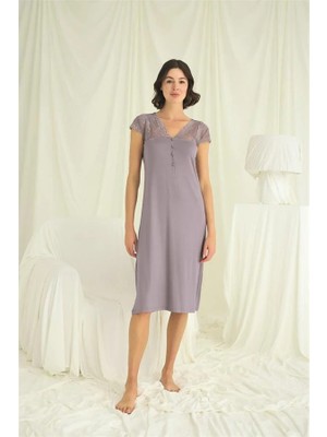 Aesco Arias Closet Kolu Omzu ve Yakası Dantelli Önü Düğmeli Gecelik