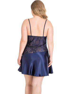 Aesco Arias Closet Büyük Beden Lacivert Kısa Saten Gecelik