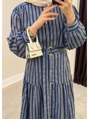 Molly Nelly Kadın Çizgili Kemerli Uzun Tesettür Elbise