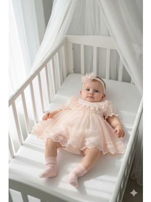 Miniday Baby Kız Bebek Mevlütlük Elbise Yazlık Bandanalı Dantelli Yeni Doğan Hastane Çıkışı Gelinlik Abiye 4010