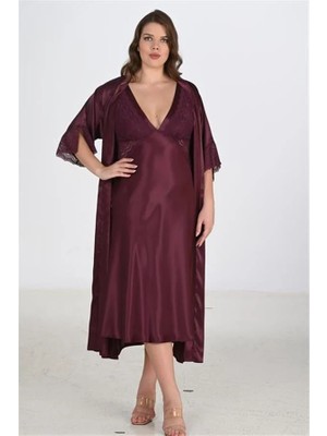 Aesco Arias Closet Premium Büyük Beden Saten Dantel Işlemeli Mürdüm Uzun 2'li Gecelik Sabahlık Takımı Bigsize