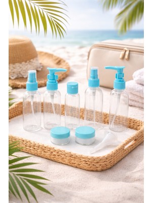 Safestore 10 Parça Özel Çantalı Seyahat Şişe Seti Tatil Seyahat Çantası Krem Şampuan Şişesi