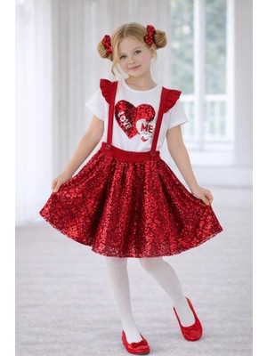 Dıgıl Kids Kız Çocuk Kalp Desenli Askılı T-Shirt Etek Takım