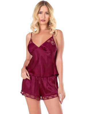 Aesco Arias Closet Bordo Saten Babydoll Şort Takımı