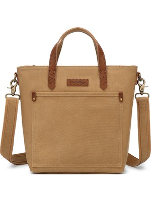 Smart Bags Camel Kadın Omuz Çantası Kanvas Kumaş Hakiki Deri Detaylı Uzun Askılı