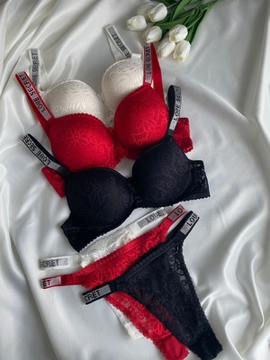 Gold Night Kadın Dantelli Taşlı Balenli Destekli Dolgulu Push Up Sütyen Takımı Iç Çamaşırı Takımı Üçlü Set