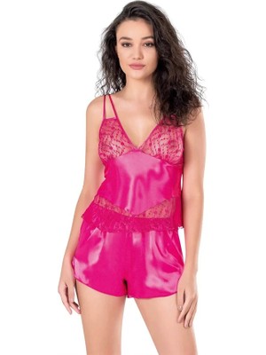 Aesco Arias Closet Fuşya Saten Babydoll Şort Takımı