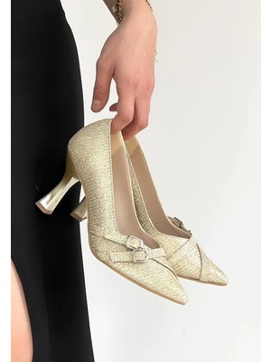 OEY Fashions Wenda Gold Simli Cilt Topuklu Ayakkabı