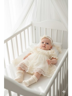 Miniday Baby Kız Bebek Mevlütlük Elbise Yazlık Bandanalı Dantelli Yeni Doğan Hastane Çıkışı Gelinlik Abiye 4010