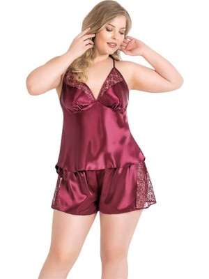 Aesco Arias Closet Büyük Beden Bordo Saten Babydoll Şort Takımı