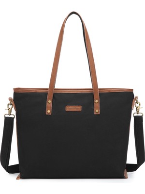 Smart Bags Siyah Kadın Omuz Çantası Büyük Boy Kanvas Kumaş Hakiki Deri Detaylı